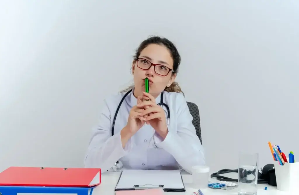 Woman in a white coat writing at a desk, representing a naturopathic doctor’s role in patient care.